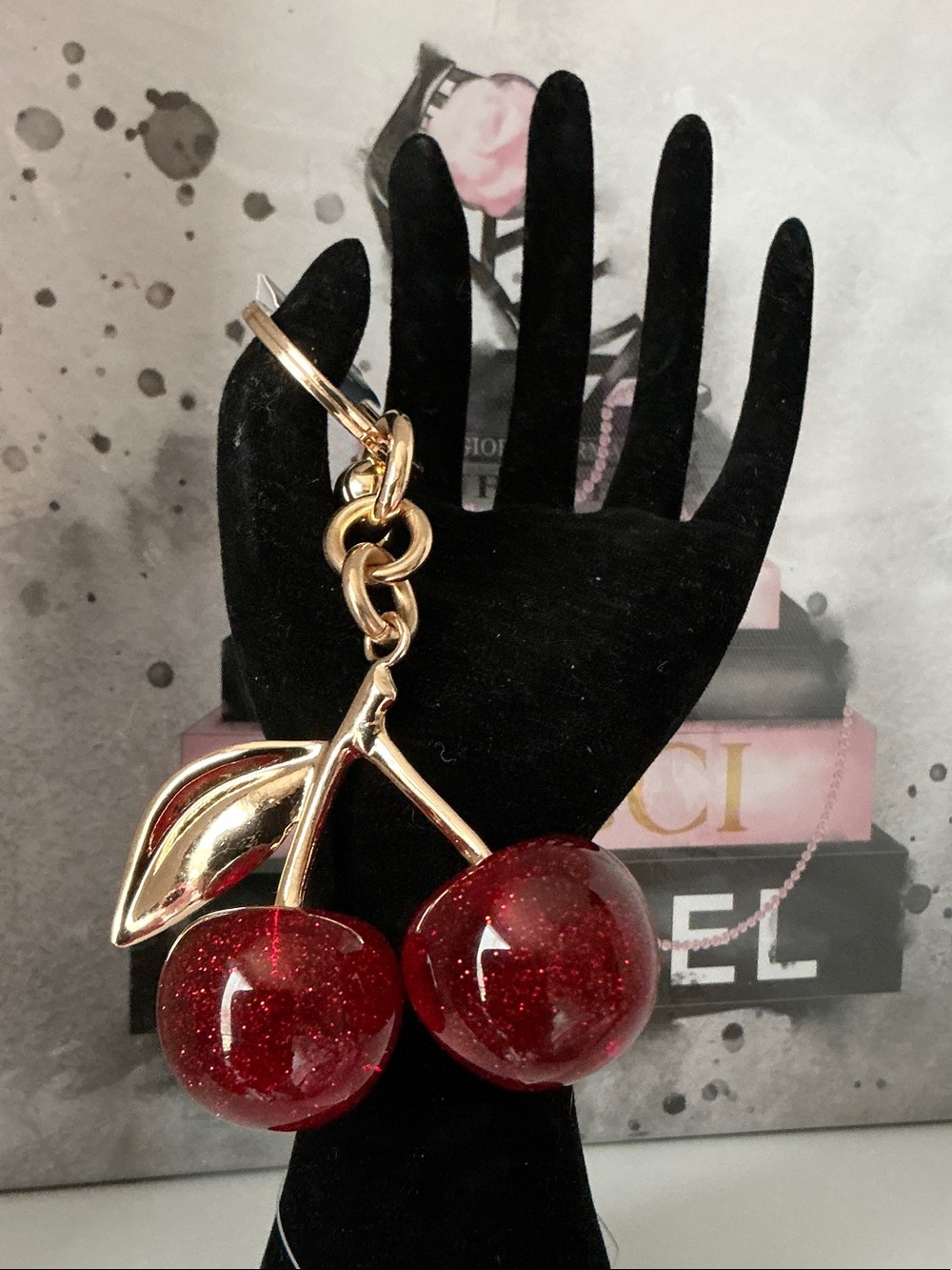 Red Glitter Cherry Keychain with Gold Hardware